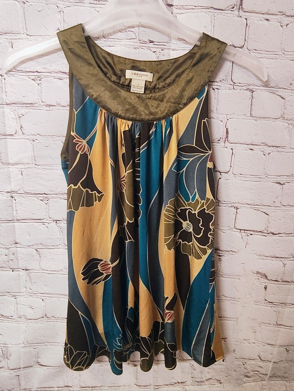 Vertigo Paris Gathered Neck Y2K Babydoll Sleeveless Floral Teal Brown Top